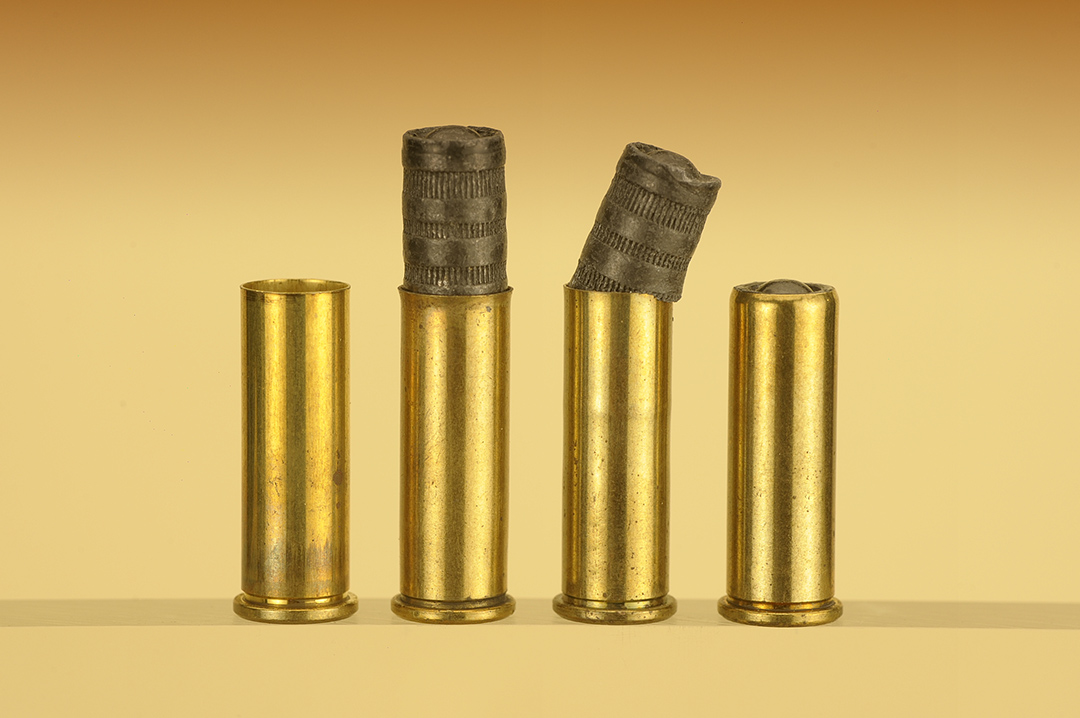 The sequence for loading wadcutters is from left to right – the new and sized .38 Special case, expanded case with wadcutter being started; the effects of loading if the handloader doesn’t expand the case; and fully loaded and roll crimped ready for shooting.
